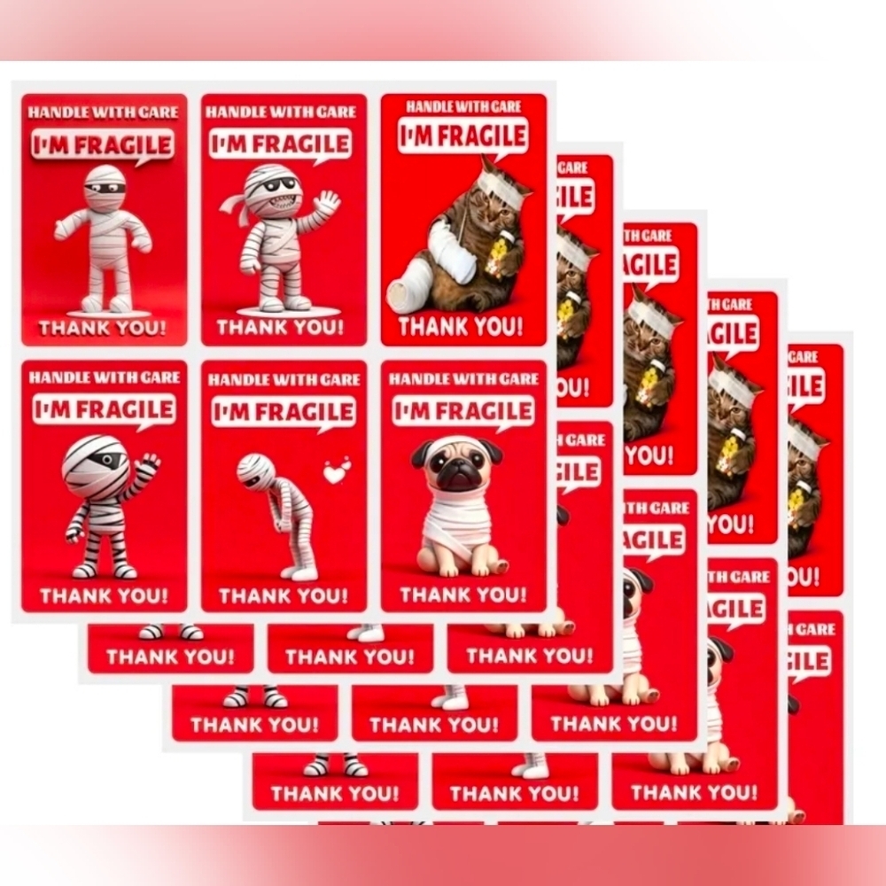 I'm Fragile Red Shipping Stickers In Mummies And Animals - 60 Total Stickers.